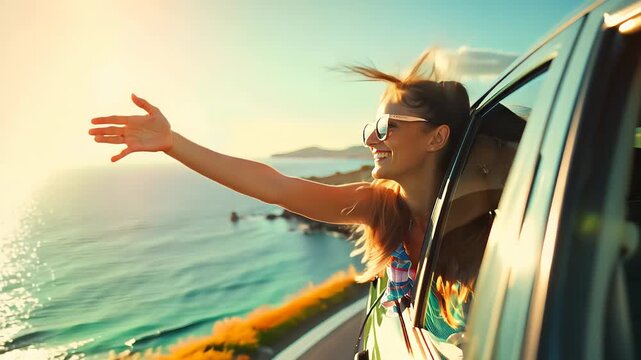 good looking female tourist. Enjoy free time outdoors near the sea on the beach. Looking at the camera while relaxing on a clear day Poses for travel selfies smiling happy tropical