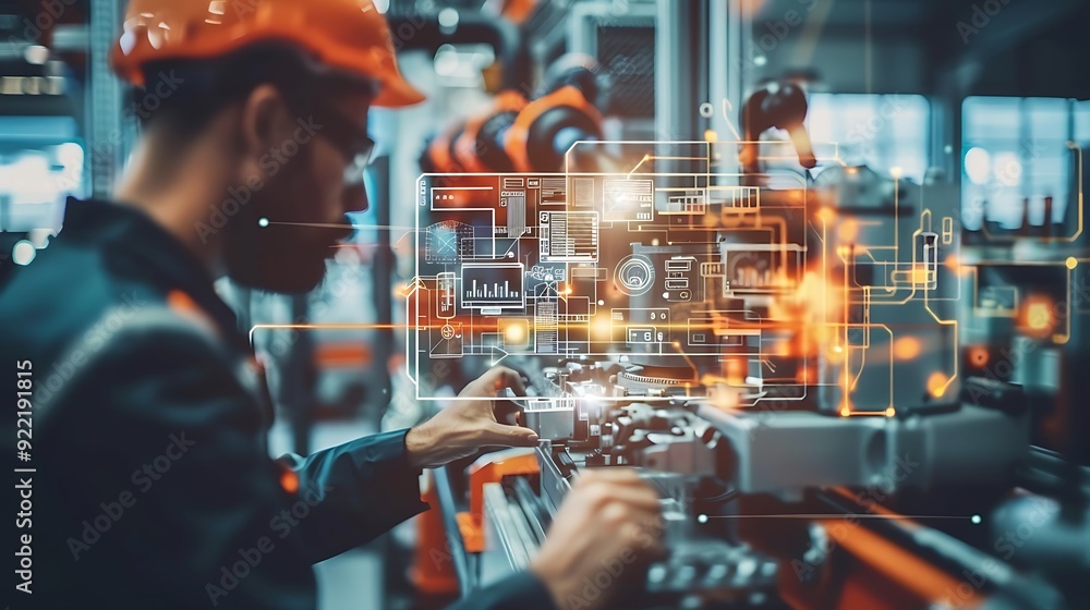 Poster engineer working with advanced machinery and digital blueprints in a modern factory setting