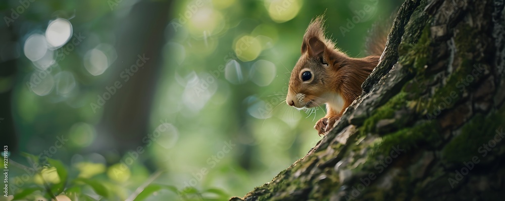 Poster red squirrel peeking from behind a tree trunk in a forest