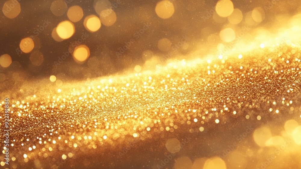 Poster close-up view of a golden glitter abstract background, with light reflecting off the particles, crea