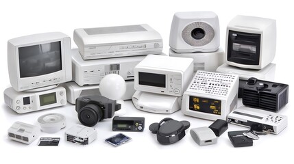 A collection of various modern electronic devices and retro technology, showcasing a blend of styles and functionalities in white tones and sleek designs.