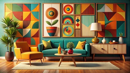 Vibrant abstract artwork featuring geometric shapes, organic forms, and bold colors, evoking the nostalgic charm and sophistication of mid-century modern design.