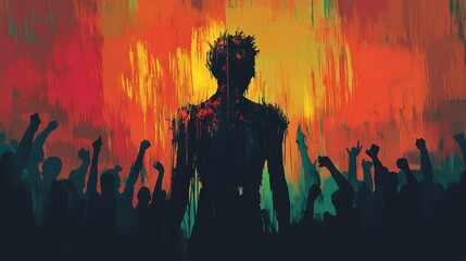 Create an abstract illustration of a person with numerous wounds on their back, symbolizing the hardships and struggles they've faced. Despite the wounds, the person stands in the foreground.