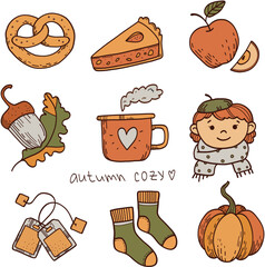 Traditional autumn symbols: foliage, plants, food, warm clothes, a girl in a scarf, pumpkin, apple, pie, leaves and berries, cocoa. Drawn vector isolated on white. Comfortable lifestyle. Autumn mood.