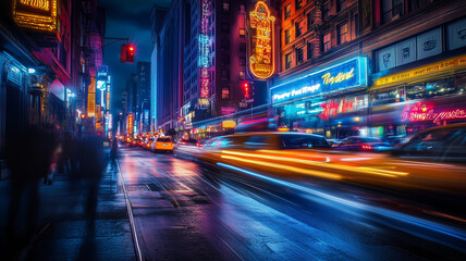 A bustling city street at night with neon signs glowing brightly, car lights streaking through the scene and pedestrians adding life to the vibrant urban environment