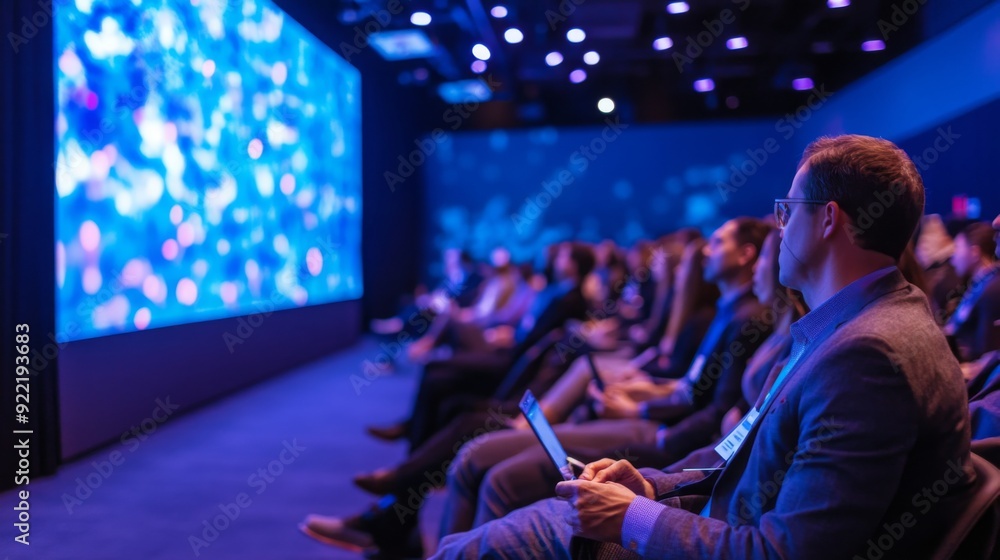 Poster attendees attentively watch a large projection during a presentation at a technology conference.