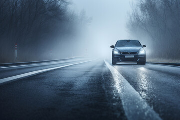 Fototapeta premium car on the highway, winter wet road, danger of an accident in rainy weather slippery asphalt