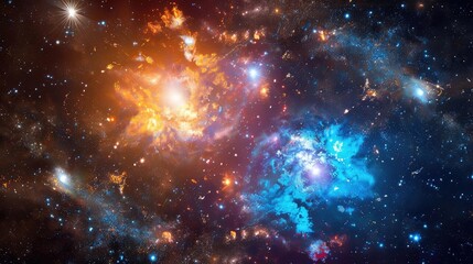 Naklejka premium A stunning cosmic scene featuring vibrant nebulae in orange and blue hues against a backdrop of stars and galaxies.
