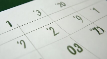 Close-up of a calendar page featuring the dates 1, 2, and 20 of the month, showcasing a minimalistic and organized layout.