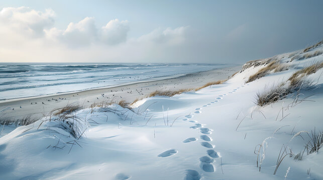A serene winter beach scene, with snow-covered dunes, a calm, icy ocean, and a pale winter sky, with the only footprints being those of seagulls.