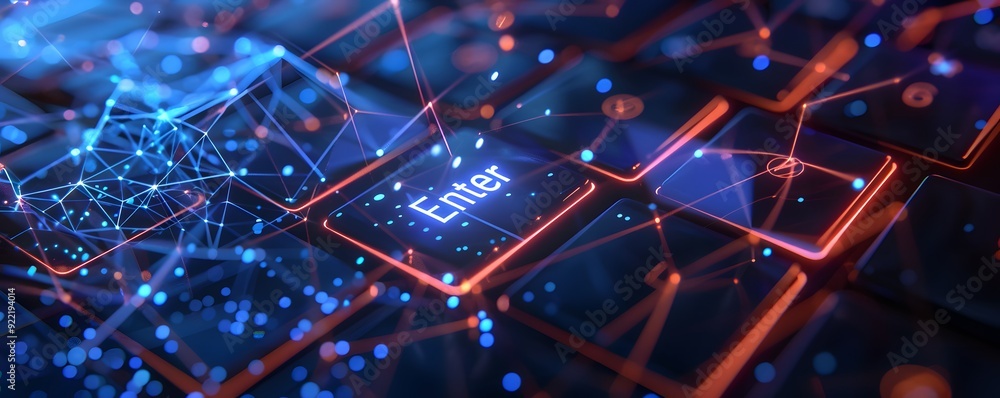 Poster illuminated enter key on a modern keyboard with abstract network lines