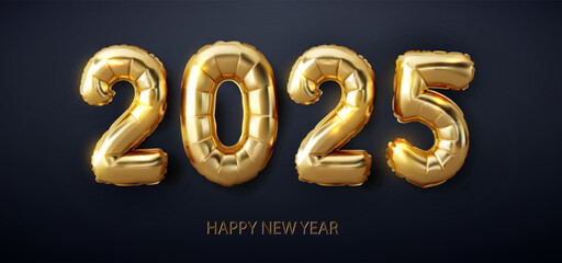 3d gold balloon number 2025 new year, realistic isolated vector illustration. Golden balloons shaped as the year "2025" on a dark background with "Happy New Year" text.