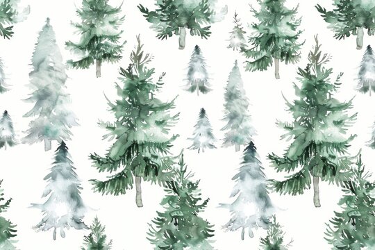 Watercolor seamless pattern of evergreen trees on a light background