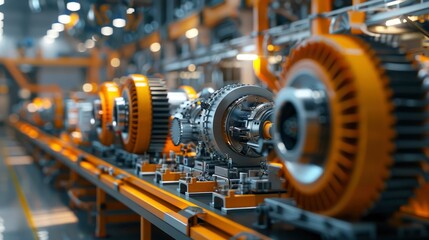 An engine assembly line in a modern factory, with multiple engines in various stages of construction, illustrating the industrial process and high-tech manufacturing environment.