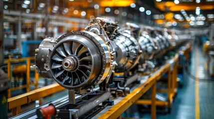 Fototapeta premium An engine assembly line in a modern factory, with multiple engines in various stages of construction, illustrating the industrial process and high-tech manufacturing environment.