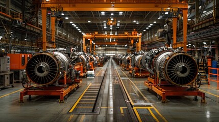 Obraz premium An engine assembly line in a modern factory, with multiple engines in various stages of construction, illustrating the industrial process and high-tech manufacturing environment.