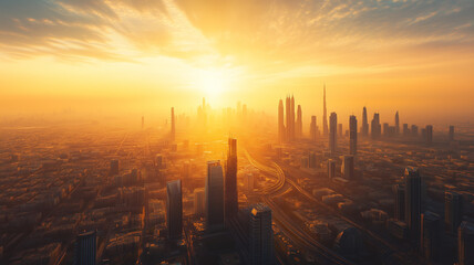 An aerial view of a sprawling cityscape at sunset with skyscrapers, winding roads and the distant horizon bathed in warm golden light