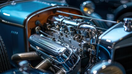 Obraz premium A vintage car engine restored to pristine condition, with chrome details and classic design elements, evoking a sense of nostalgia and automotive history.