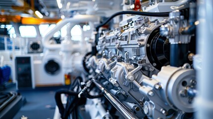 A marine engine installed in a boat, with its robust and corrosion-resistant parts, illustrating the specialized design for maritime use.