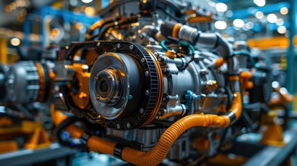 Fototapeta premium A hybrid engine showcasing both electric and gasoline components, representing the advancement in sustainable and eco-friendly automotive technologies.