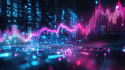 Abstract blue purple neon growing financial graph chart background