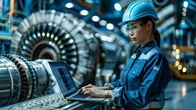 A technician using a laptop to run diagnostics on an engine, illustrating the integration of technology and data analysis in modern engine maintenance. - Powered by Adobe