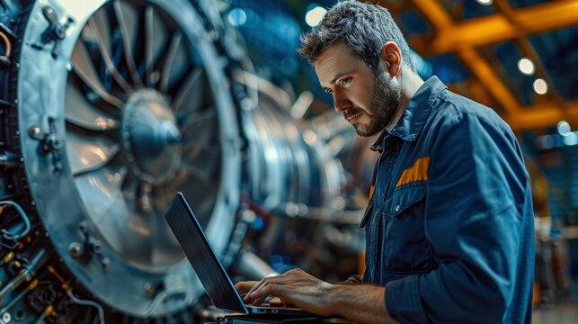 A technician using a laptop to run diagnostics on an engine, illustrating the integration of technology and data analysis in modern engine maintenance. - Powered by Adobe