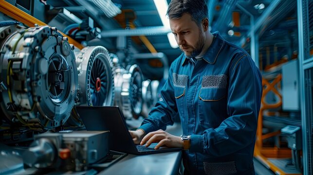 A technician using a laptop to run diagnostics on an engine, illustrating the integration of technology and data analysis in modern engine maintenance. - Powered by Adobe