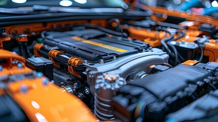 Fototapeta premium An electric car engine with its battery pack and electric motor, highlighting the transition to renewable energy sources in the automotive sector.