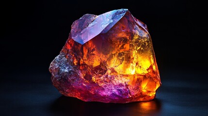 A hyper-realistic photograph of a rough, uncut gemstone, showcasing its natural beauty and internal patterns, on a black solid background