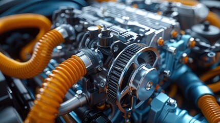 An engine's cooling system with radiator, hoses, and fans, highlighting the essential components for maintaining optimal engine temperature.