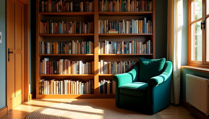 Peaceful Home Study with Green Armchair and Wall-to-Wall Bookcase
