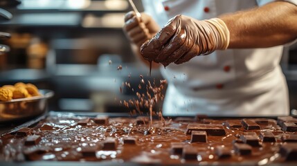 a chef making chocolate in the kitchen. The lighting and the image make it look fun.
