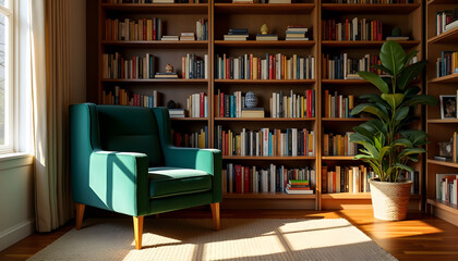 Modern Home Library Design with Teal Accent Chair and Built-in Shelving