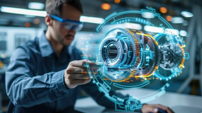 An automotive engineer using a CAD software to design an engine, illustrating the role of computer-aided design in modern engineering.