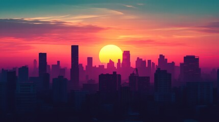 Fototapeta premium A detailed shot of the sun setting behind a city skyline, with buildings silhouetted against the colorful sky, emphasizing the contrast between urban life and natural beauty.