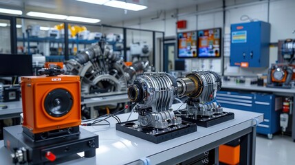 Fototapeta premium An engine testing lab with various engines connected to diagnostic equipment, illustrating the rigorous testing protocols in place for quality assurance.