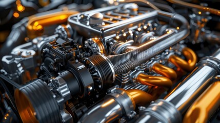 A detailed view of a high-performance engine's air intake system, emphasizing the design for optimal airflow and power.
