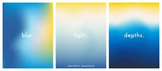 Aesthetic sea background set. Blue. Ocean. Seaside. Blurred sea wave gradient. Pastel colored vertical vector banner. Simple soft light backdrop. Gradient template design for poster, social post