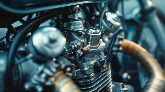 A close-up of a motorcycle engine's carburetor and throttle, showcasing the intricate design for fuel delivery and control.