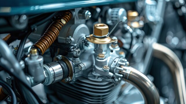 A close-up of a motorcycle engine's carburetor and throttle, showcasing the intricate design for fuel delivery and control.