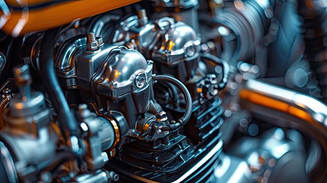A close-up of a motorcycle engine's carburetor and throttle, showcasing the intricate design for fuel delivery and control.