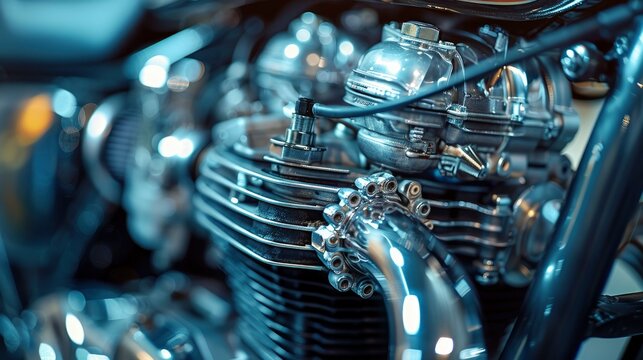 A close-up of a motorcycle engine's carburetor and throttle, showcasing the intricate design for fuel delivery and control.