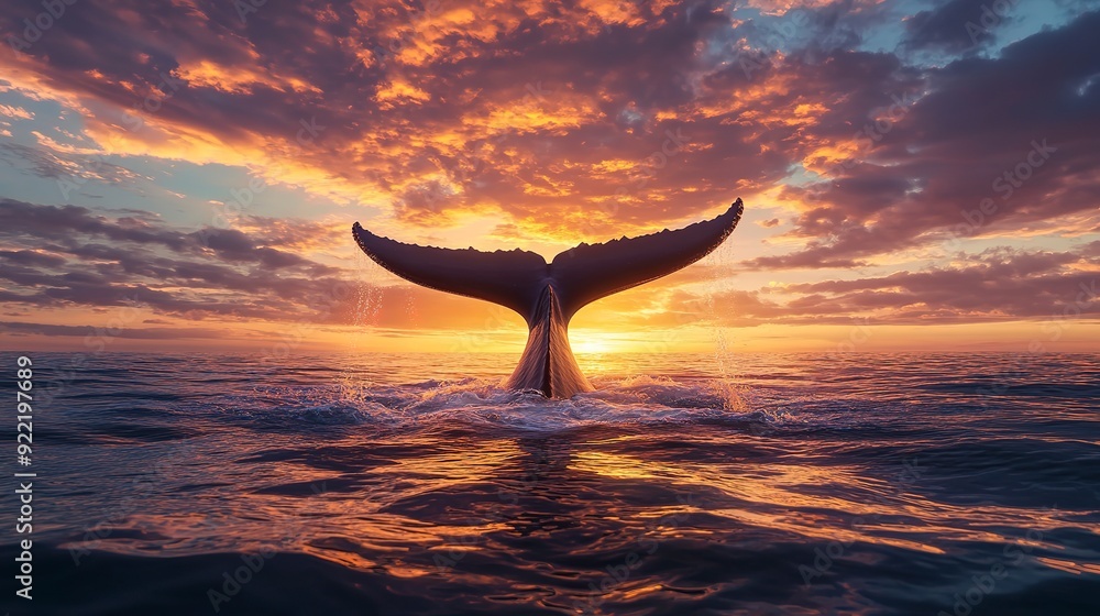 Canvas Prints Majestic whale tail framed by vibrant sunset colors over tranquil sea