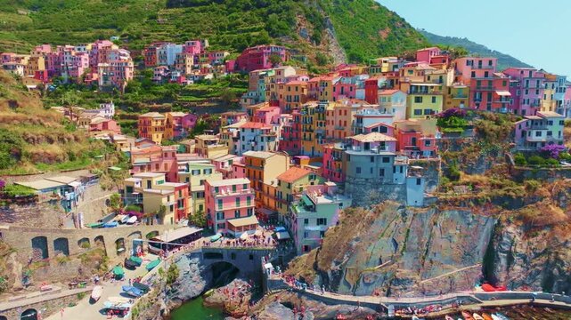 summer vacation in Italy, Cinque terra aerial view, Italian riviera, drone view of Cinque Terre, Manarola fishing village in Italy, holiday on Ligurian coast