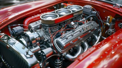 Fototapeta premium A classic car engine with custom modifications and performance enhancements, capturing the passion and creativity of automotive enthusiasts.