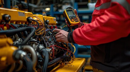 Fototapeta premium A technician using a multimeter to test an engine's electrical system, demonstrating the integration of electronics in modern engines.