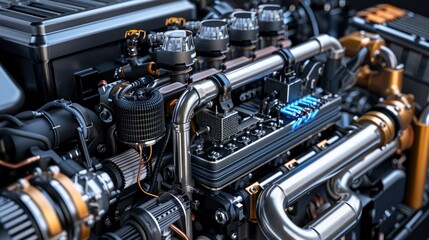 Fototapeta premium A detailed view of a turbocharged engine's intercooler and piping, showcasing the components for enhanced performance and cooling.