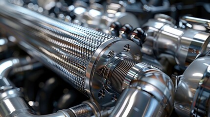 A detailed view of a turbocharged engine's intercooler and piping, showcasing the components for enhanced performance and cooling.