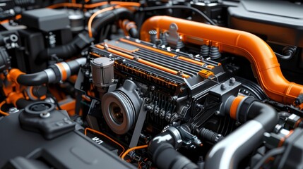 A detailed view of a turbocharged engine's intercooler and piping, showcasing the components for enhanced performance and cooling.